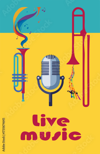 Poster for a live music concert with microphone, clarinet and trombone.
