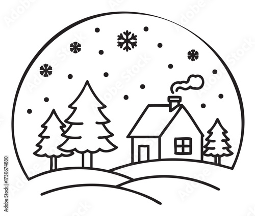 Winter landscape drawing with snowflakes and cozy cottage - stock vector