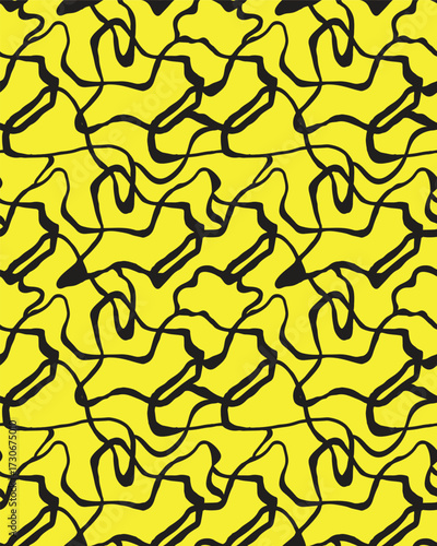 abstract pattern wavy  black lines creating a dynamic, textured design of natural forms on yellow background