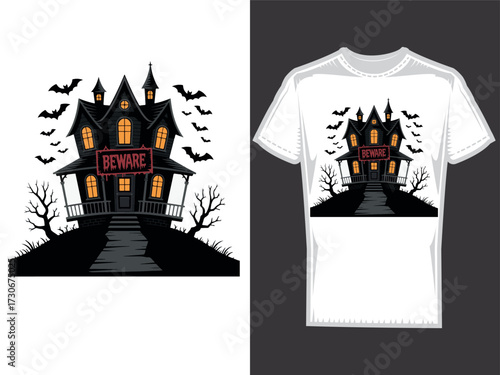 Retro vintage haunted house  with bats Halloween t-shirt design