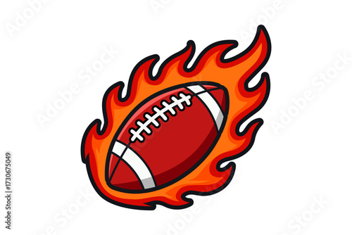 A red football with white stripes is surrounded by bright orange and yellow flames.