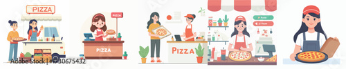 vector woman selling pizza