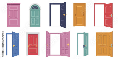 Open and Closed Door Collection Featuring Cartoon Entrance and Exit Designs with Handles and Frames for Home Exterior Architecture in Vector Set Illustration Concept