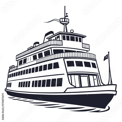 Stylized illustration of a large passenger ferry boat sailing on the water with a flag