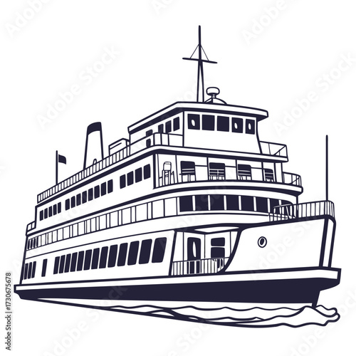 Stylized illustration of a large passenger ferry boat sailing on the water in a simple line art style