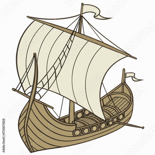 Stylized illustration of a traditional wooden viking longship with large sails and flags against a white background