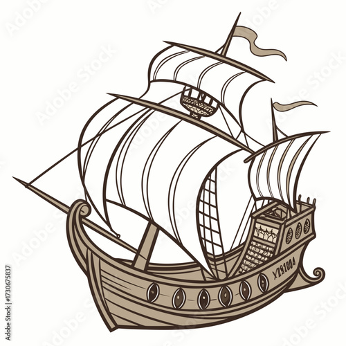 Stylized illustration of a vintage sailing ship with full sails and flags against a white background
