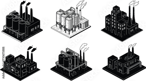PrintIndustrial factories, refinery plants, power station buildings, manufacturing facilities, smoke chimneys, heavy industry illustration, energy production, black vector design, pollution concept