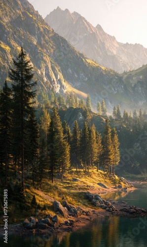 Golden hour illuminates a serene alpine lake, nestled amongst a verdant slope of evergreens, with majestic mountains rising in the background, bathed in soft light and mist