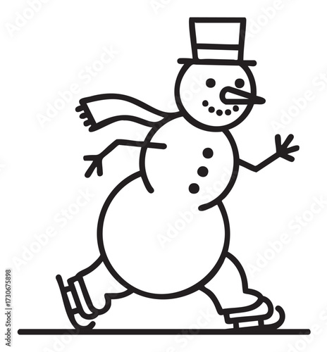 Cheerful snowman ice skating in winter with top hat and scarf - stock vector
