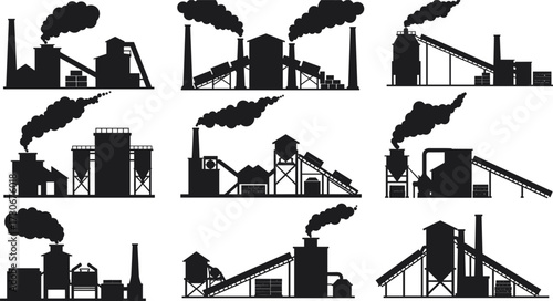 PrintIndustrial factory plant vector illustration, smoke chimney, refinery silhouette, steel manufacturing, energy production, heavy industry buildings, black design icons, pollution