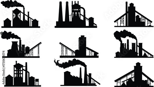 PrintIndustrial factory silhouette illustration, smoke chimneys, heavy industry, power plant, steel production, refinery process, black icons, energy manufacturing, pollution design