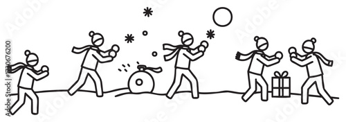 Doodle characters engaged in playful winter snowball fight scene with scarves and hats - stock vector