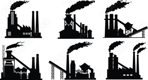 PrintIndustrial factory silhouette vector illustration, smoke chimneys, energy plant, steel industry, heavy manufacturing, refinery process, black icons, power production design