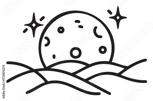 Monochrome celestial illustration: full moon rising over waves with stars - stock vector