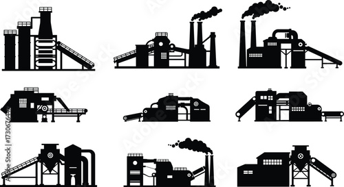 PrintIndustrial factory silhouettes vector illustration, manufacturing plant buildings, smoke pollution industry, energy production structures, black silhouette icons, environmental impact design 