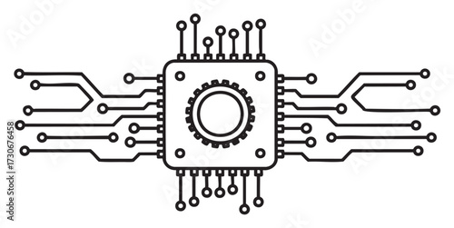 Outline of computer microchip with circuit lines extending outward - stock vector