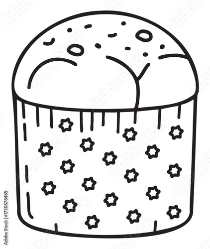 Black and white illustration of a traditional panettone with star patterns - stock vector