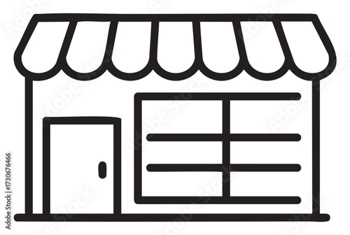 Simple cartoon storefront icon with awning and large window display - stock vector