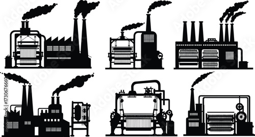 PrintIndustrial factory silhouettes vector illustration, power plant buildings, smoke pollution industry design, black silhouette structures, energy production plant icons, environmental impact 
