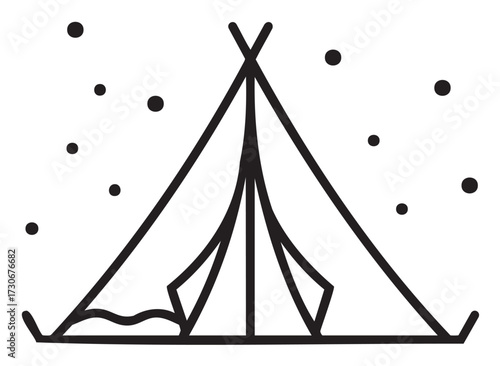 Minimalist black and white camping tent with starry sky illustration - stock vector