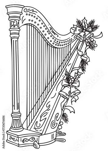 Festive harp with holly and bow decorations for christmas coloring page - stock vector