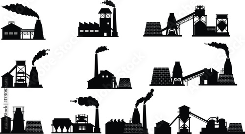 PrintIndustrial factory silhouettes, manufacturing plant, smoke chimney, steel production, heavy industry, refinery building, power station, black vector illustration, energy facility, pollutiondesign