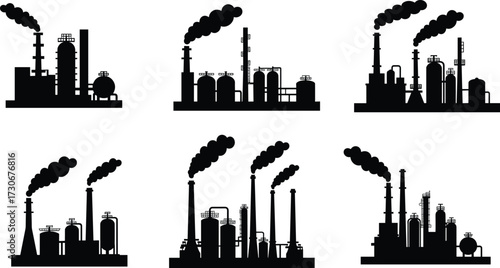 PrintIndustrial factory silhouettes, air pollution, smoke chimneys, heavy industry, environmental impact, carbon emissions, manufacturing plants, climate change, toxic air, urban smog