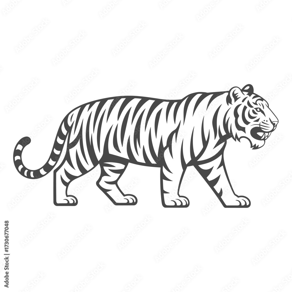 Naklejka premium Stylized black and white illustration of a walking tiger