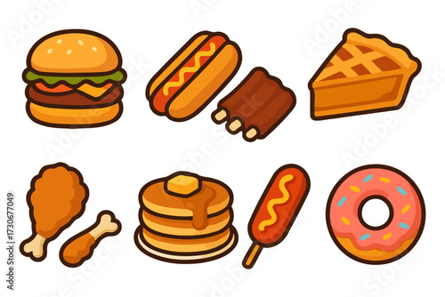 A cartoon of food items such as a hamburger, hot dog, and pie. Scene is lighthearted and playful
