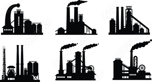 PrintIndustrial factory silhouettes, refinery plant, smoke chimneys, steel production, heavy industry, power station, black vector illustration, energy facility, pollution, manufacturing