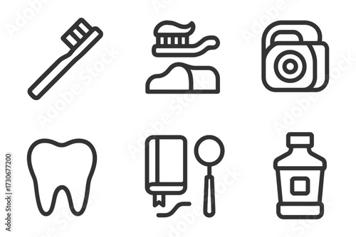A set of six icons for dental care. The icons include a toothbrush, toothpaste, a bottle of mouthwash, a bottle of water, a bottle of medicine. vector