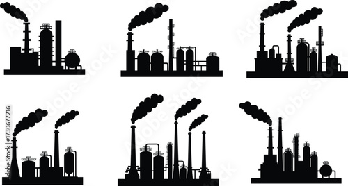 PrintIndustrial factory vector illustration, chemical plant silhouettes, refinery manufacturing industry, smoke pollution, energy production, black silhouette icons, environmental impact