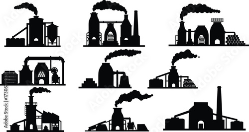 PrintIndustrial furnace factory vector illustration, steel production, smoke chimney, refinery plant, heavy industry silhouette, energy production, black icons, pollution design