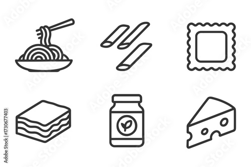 A set of food icons, including lasagna, pasta, and cheese. The icons are drawn in a simple, minimalist style. vector