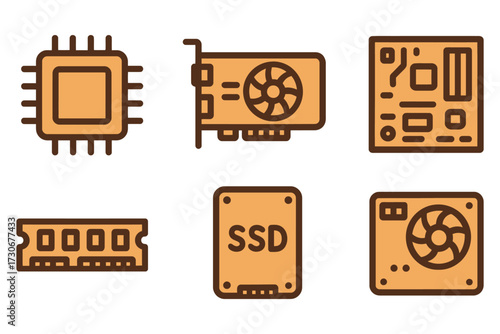 A set of computer parts, including a CPU, GPU, and SSD. The image is in a cartoon style and has a playful, fun vibe. vector