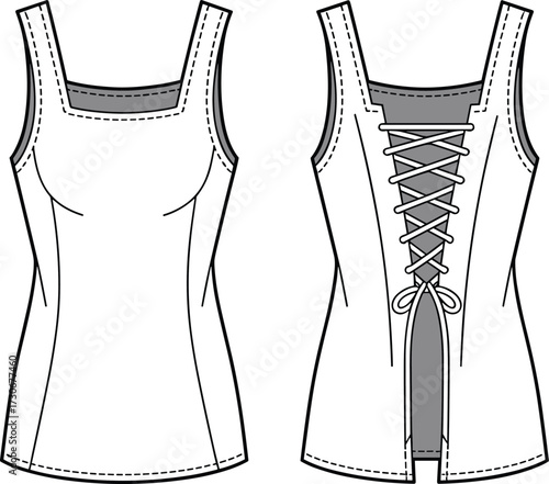 Women’s fitted tank top with square neckline and lace up back corset detail fashion technical template CAD drawing flat vector illustration