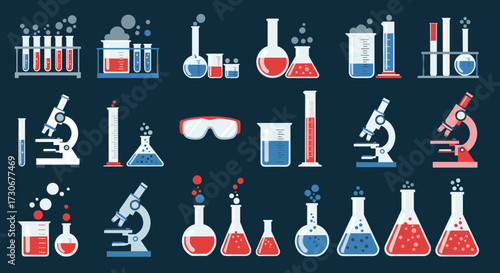 A collection of colorful laboratory equipment and scientific tools illustrating chemical experiments and research processes.