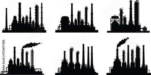 PrintIndustrial plant silhouettes, oil refinery vector, chemical factory illustration, smoke chimneys, energy production, heavy industry, environmental pollution, carbon emission, urban smog