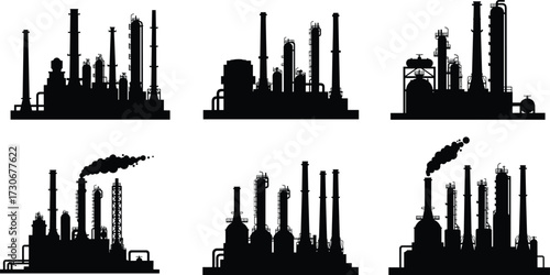 Industrial refinery plant vector silhouettes, oil factory illustration, chemical industry, power station, smoke chimneys, energy production icons, black pollution graphics