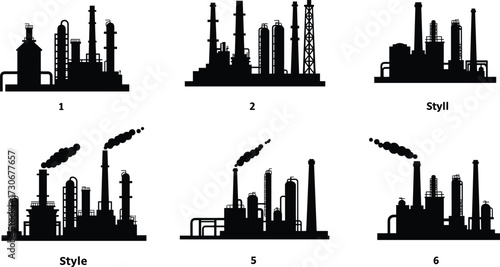 PrintIndustrial refinery plant vector illustration, oil factory silhouette, chemical industry, smoke chimneys, energy production, power plant icons, black pollution graphics