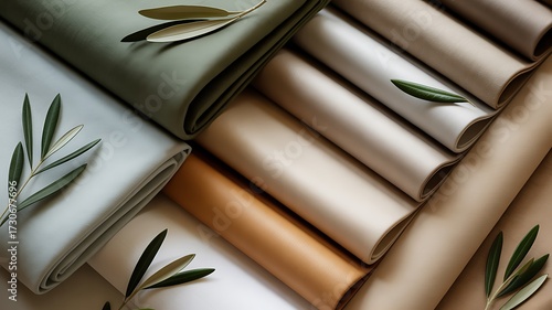 Folded Fabric Swatches in Earthy Tones with Olive Leaves