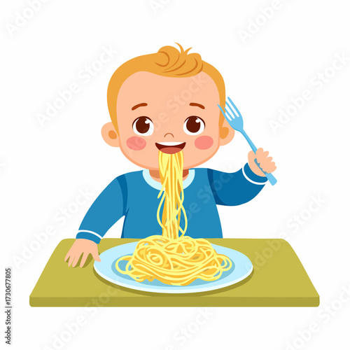 Canvas Print Baby Messily Eating Spaghetti Vector Illustration