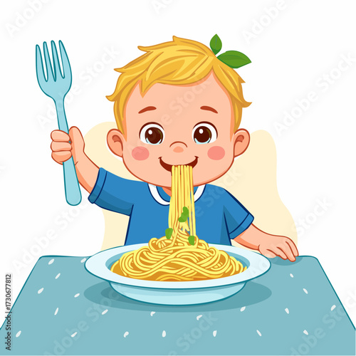 Принти на полотні Baby Messily Eating Spaghetti Vector Illustration