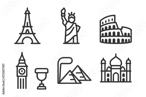 The image is a collection of different landmarks from around the world, including the Eiffel Tower, the Statue of Liberty, the Colosseum, and . vector
