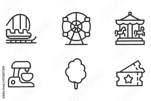 A series of icons for amusement parks and rides. The icons include a roller coaster, a merry-go-round, a carousel, a Ferris wheel, a boat. vector