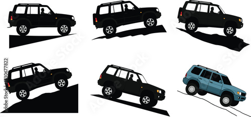 PrintOffroad SUV car illustration, mountain driving silhouette, steep hill climbing, rugged terrain vehicle, adventure travel design, 4x4 jeep vector, exploration.