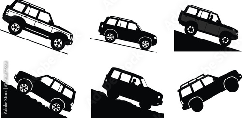 PrintOffroad SUV car silhouette, steep hill climbing, rugged terrain vehicle, mountain driving illustration, 4x4 jeep design, extreme adventure travel concept.