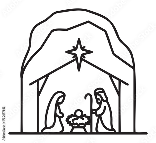 Black and white nativity scene with mary, joseph, and baby jesus - stock vector