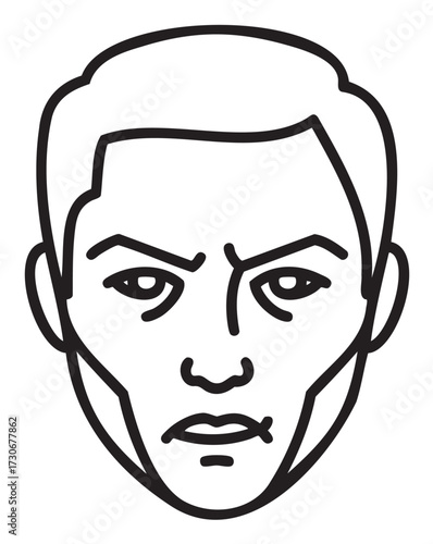 Expressionless male face illustration with bold outline and short hair - stock vector